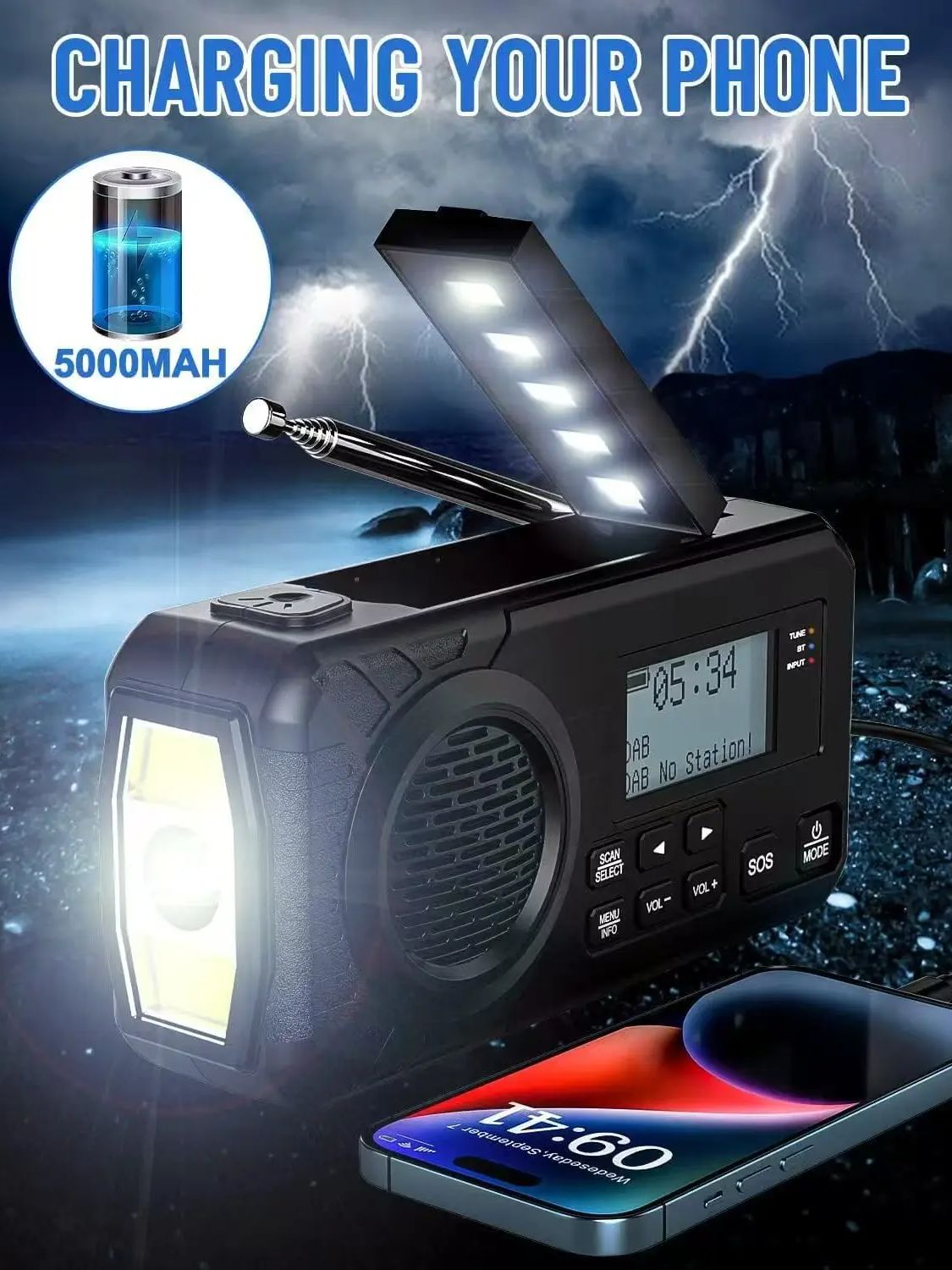 5000mAh 보조베터리를 갖춘 DAB/DAB+/FM  - Emergency Radio Solar 리뷰 및 가격